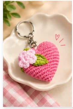 Crochet Pink Heart Keychain with Flower — handmade crochet by Anzy Crochets