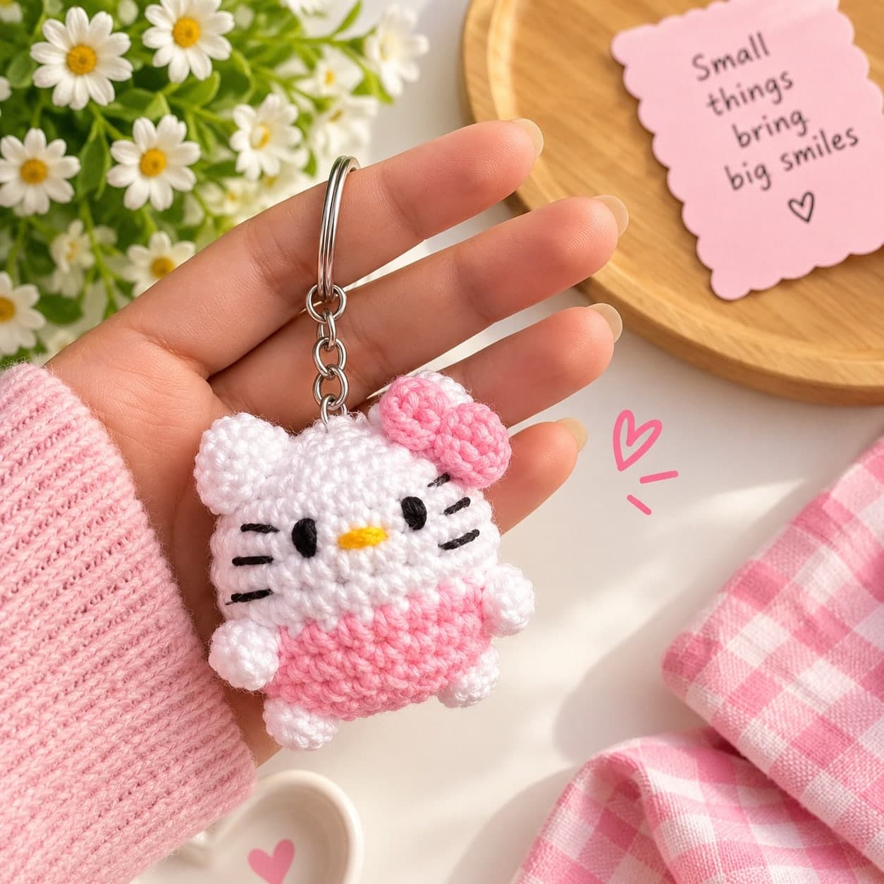 Crochet Kitty Keychain with Pink Bow — handmade crochet by Anzy Crochets