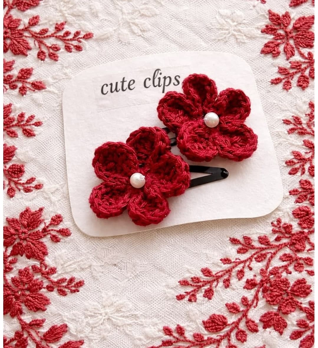 Crochet Red Flower Hair Clips with Pearl (Pair) — handmade crochet by Anzy Crochets