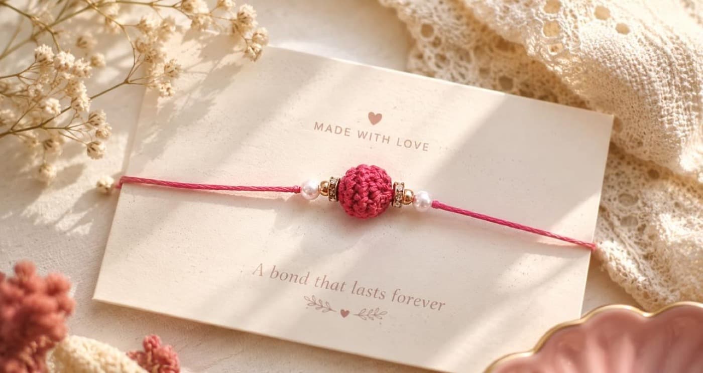 Pink Crochet Pearl Ball Rakhi — handmade crochet by Anzy Crochets